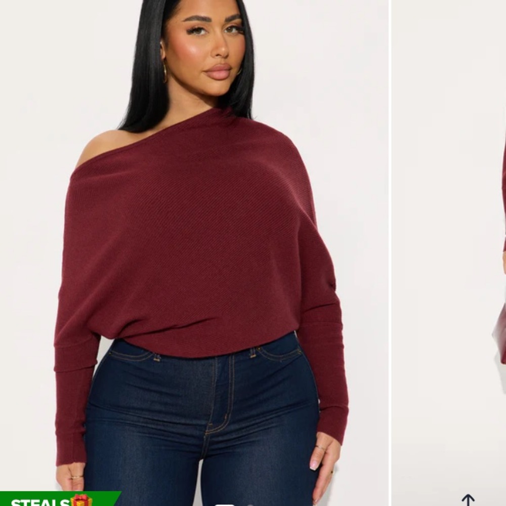 Fashion Nova Off-Shoulder Wine Sweater. Burgundy in color.